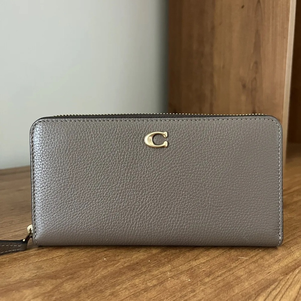 Coach Accordion Zip Wallet Dark Stone Pebble Leather Brown